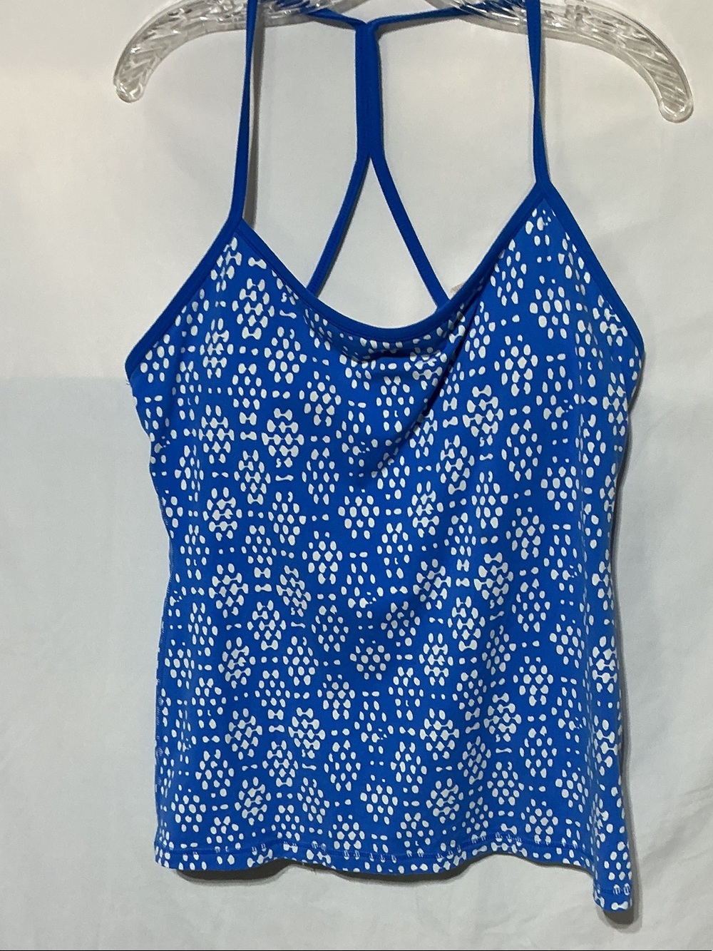 Lucy Blue and White Dot-Print Strappy Activewear Built in Bra Tank Top Sz L